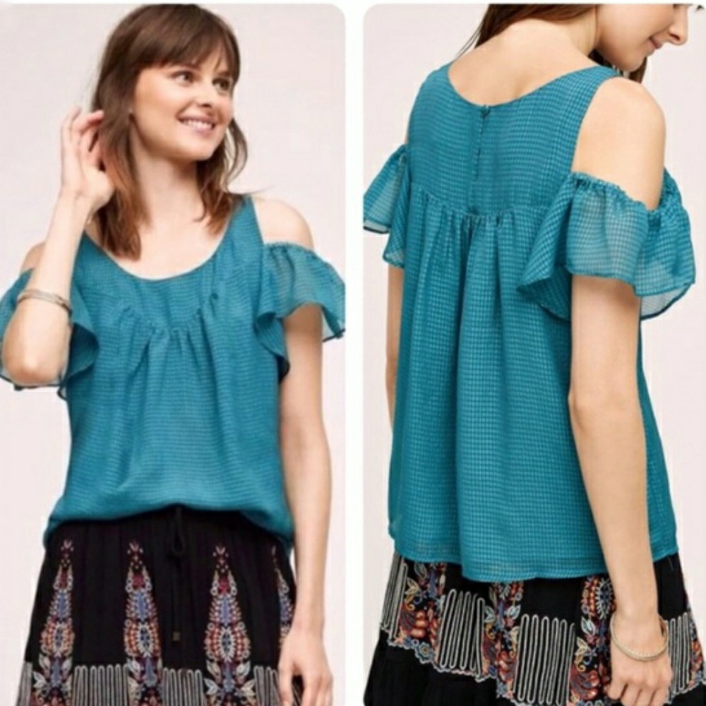 Anthropologie Maeve Teal Open Shoulder Blouse